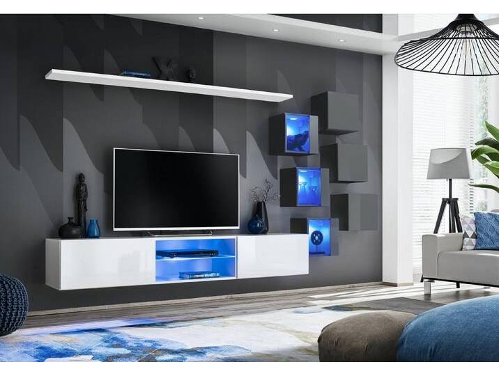 JVmoebel Wohnwand Elegante Wohnwand mit TV-Ständer und Wandregalambres 6 Schränke, (8-St., TV Ständer + 6x Wandschrank + Wandregal), Made in Europa von elegante