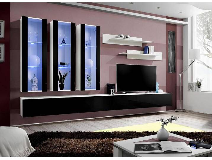 JVmoebel Wohnwand Elegante Designer Wohnwand aus Holz für das Wohnzimmer, (3-St., 1x Wohnwand + 2x TV Ständer + 3x Wandschrank + 2x Wandregal) von elegante
