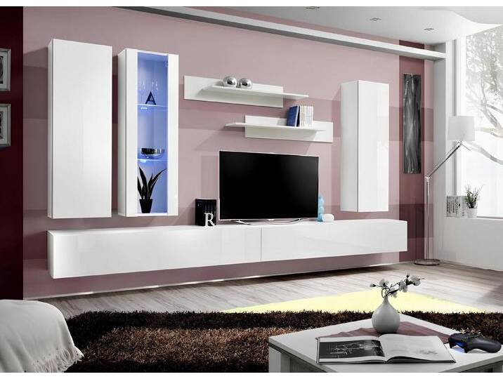 JVmoebel Wohnzimmer-Set Elegante Wohnwand in Weiß für TV und Designer-Ambiente, (8-St., 1x Wohnwand+2x TV Ständer+1x Hänge Vitrine+2x Wandschrank+2x Wandregal) von elegante