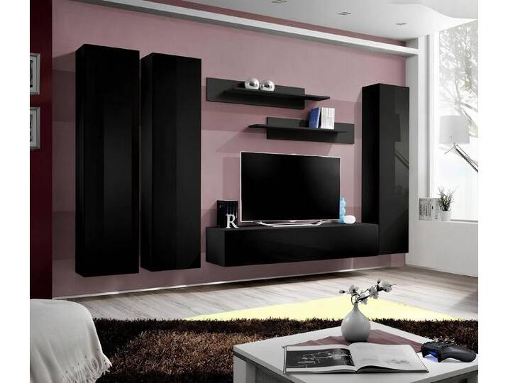 JVmoebel Wohnwand Elegante Wohnwand mit Lowboard aus schwarzem Holz für Wohnzimmer, (7-St., Wohnwand, 3x Wandschrank, TV Ständer,2x Wandregal) von elegante
