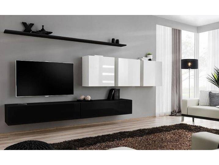JVmoebel Wohnwand Elegante moderne Wohnwand für das Wohnzimmer in Schwarz Holzlook, (8-St., 1x Wohnwand + 2x TV Ständer + 3x Wandschrank + 2x Wandregal) von elegante