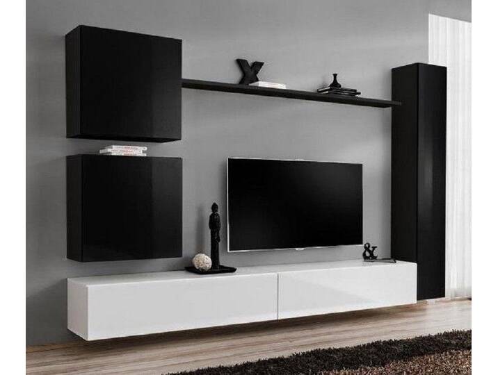 JVmoebel Wohnwand Elegante schwarze Wohnwand mit TV-Ständer für das Wohnzimmer, (7-St., 1x Wohnwand + 2x TV Ständer + 3x Wandschrank + 1x Wandregal) von elegante