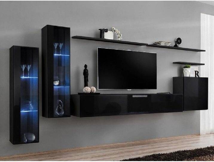 JVmoebel Wohnwand Elegante schwarze Wohnwand mit Vitrine und Regal für Wohnzimmer, (8-St., 1x Wohnwand + 1x TV Ständer + 3x Wandschrank + 3x Wandregal) von elegante