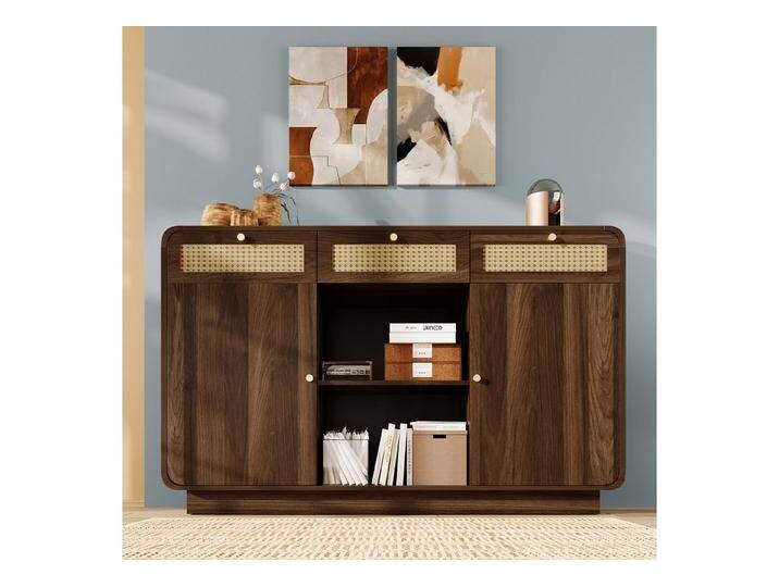 KLAM HOME Sideboard Elegante Kommode im Nussbaum-Design mit Rattan-Elementen (Vielseitiges Sideboard mit Schubladen und Regalen) von elegante