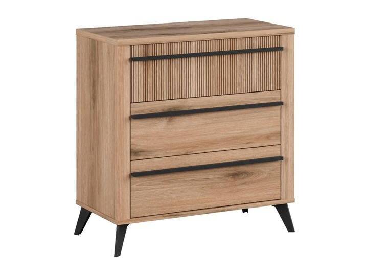 Kommode in Eiche, 83 x 79 x 40 cm, teilweise gerillte Fronten, mit 3 geräumigen Schubladen, elegante längliche Griffe, schwarze Beine, stabil und l von elegante