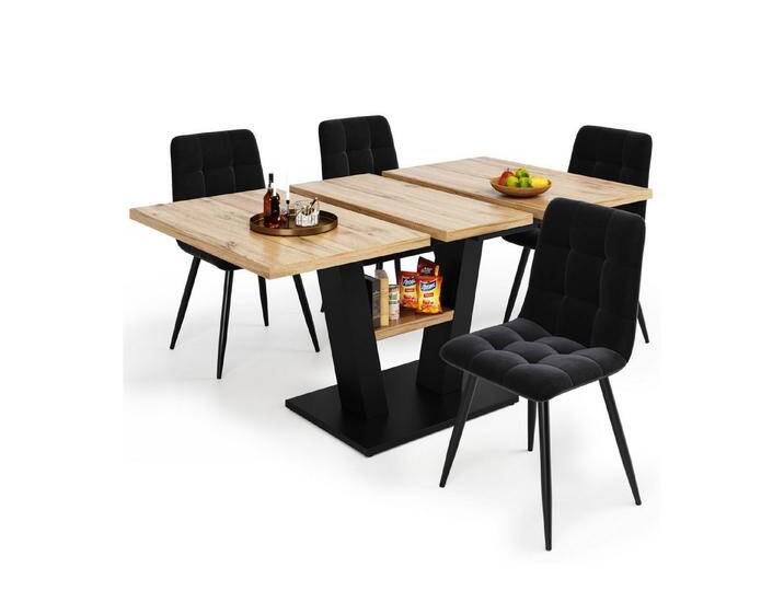 MODFU Esstisch Esstisch Teleskoptisch,Moderne Esstisch,Ausziehbar,Esszimmer-Set (Vielseitiges 5-teiliges Esstisch-Set (118-157 x 70 cm) mit ausziehbarem Tisch & 4 Stühlen – Ideal für Küche & Wohnzimmer, ergonomische Stühle, elegante MDF-Oberfläche und Samtpolster, für Familie und kleine Feiern von elegante