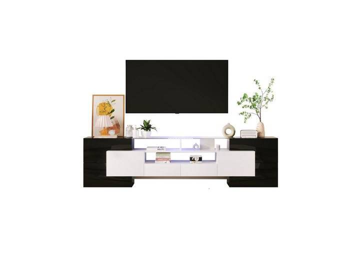 MODFU TV-Schrank Lowboard (1-St., Schwarz+Weiß, 200 cm) Elegante Glasoberfläche.,LED-Beleuchtung, schwarz, Schwar+Weiß von elegante