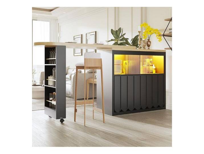 REDOM Bartisch Ausziehbarer Kücheninsel (mit LED-Beleuchtung, Lenkrollen, Moderne Kücheninsel für Wohnzimmer & Büro – Elegante gestreifte Schranktüren in Schwarz/Weiß, 1-St., 135-205×39×100cm), mit Stauraum von elegante