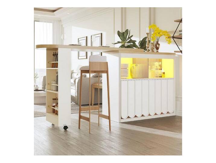 REDOM Bartisch Ausziehbarer Kücheninsel (mit LED-Beleuchtung, Lenkrollen, Moderne Kücheninsel für Wohnzimmer & Büro – Elegante gestreifte Schranktüren in Schwarz/Weiß, 1-St., 135-205×39×100cm) von elegante