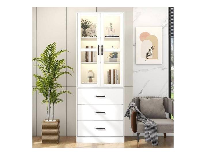 REDOM Vitrine Verstellbare Regale mit LEDs (2 Glastüren, 3 Schubladen, modernes Design) verstellbare Einlegeböden,elegante Aufbewahrung, weiß von elegante