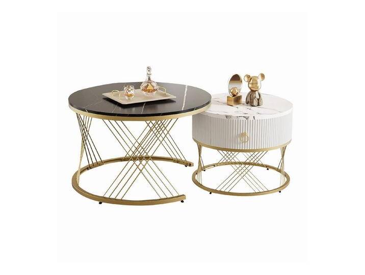 Refined Living Couchtisch Couchtisch Beistelltisch mit Schublade Wohnzimmertisch Sofatisch (2-St., 2 in 1 Runder Couchtisch aus MDF), faltbar Golddekor Elegante Mamor-Optik Hochwertige Schubladen von elegante