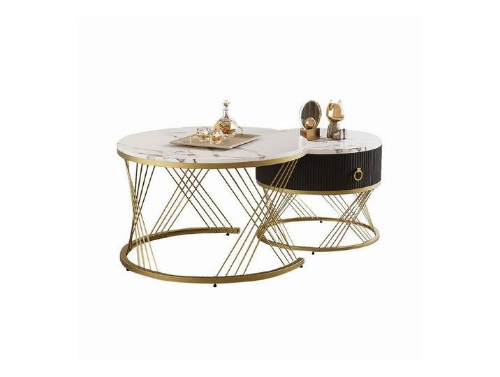 Refined Living Couchtisch Couchtisch Beistelltisch mit Schublade Wohnzimmertisch Sofatisch (2-St., 2 in 1 Runder Couchtisch aus MDF), faltbar Golddekor Elegante Mamor-Optik Hochwertige Schubladen von elegante
