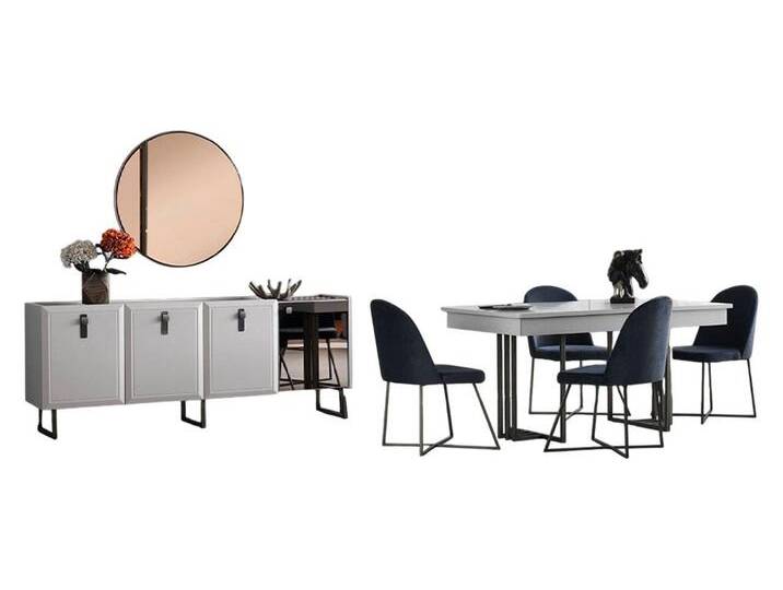 Xlmoebel Esszimmer-Set Elegante Esszimmergarnitur mit Designer Esstisch 4x gepolsterten, (7-St., Set 7tlg Esszimmer (Esstisch + 4x Stühle + Sideboard + Spiegel) von elegante