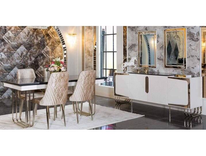 Xlmoebel Esszimmer-Set Elegante Esszimmermöbel aus Edelstahl - Set mit Esstisch Sideboard, (8tlg.Esszimmer Set (Esstisch+ x4 Stühle+ Kommode+ x2 Spiegel) von elegante