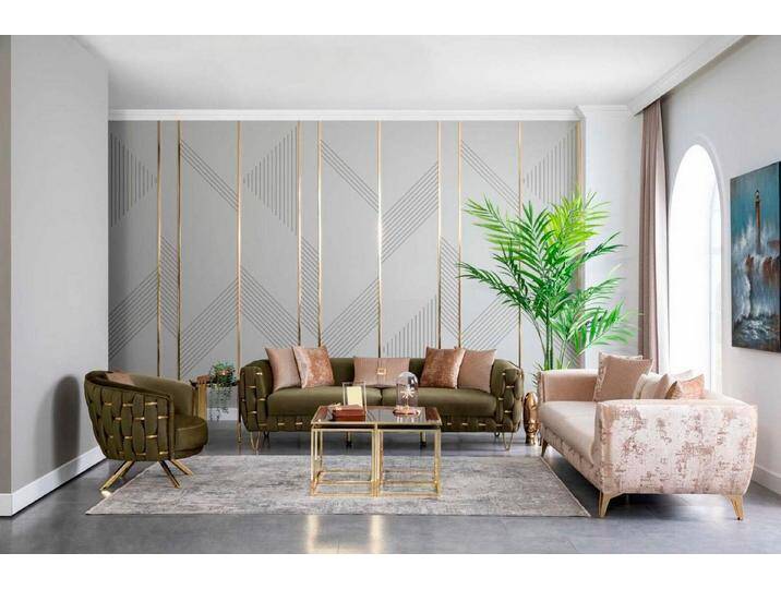 Xlmoebel Polstergarnitur Elegante Sofa Gruppe 3-teilig. Einrichtung Couch Set Sitzmöbel, Hergestellt in Europa, beige grün von elegante