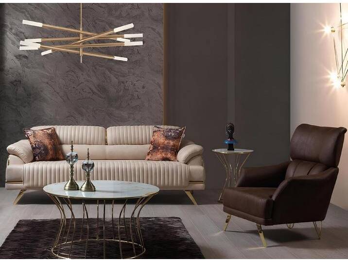Xlmoebel Polstergarnitur Elegante Wohnzimmergarnitur in Beige aus Kunstleder, Designer 3-Sitzer, (2tlg Wohnzimmer Set(Sofa 3 Sitzer+Sessel) von elegante