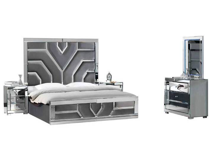 Xlmoebel Schlafzimmer-Set Elegante Graue Schlafzimmer-Set mit 2 Nachttischen, Bett und Kommode, (Set 4tlg Schlafzimmer (Bett + 2x Nachttische + Kommode) von elegante