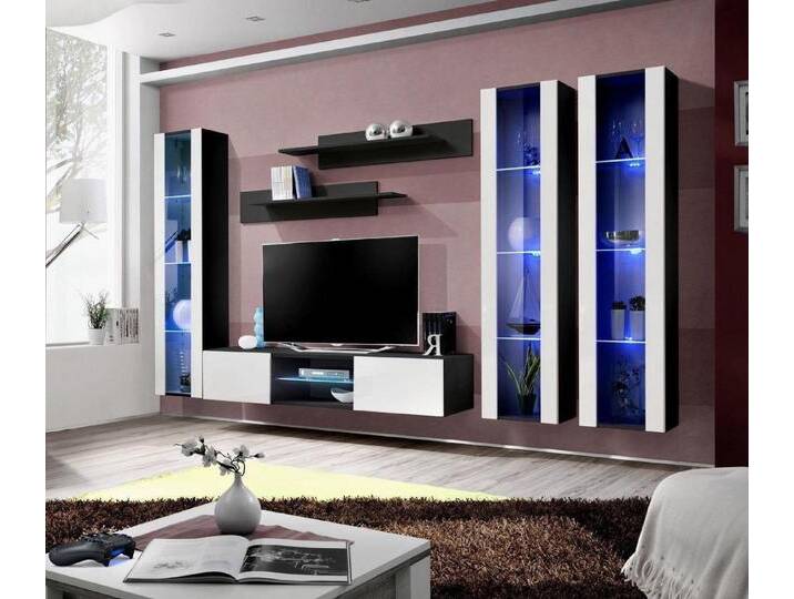 Xlmoebel Wohnwand Elegante Hochglanz Wohnwand mit Hängeschrank aus Holz, (7-St., 1x Wohnwand + 1x TV Ständer + 3x Hänge Vitrine + 2x Wandregal) von elegante