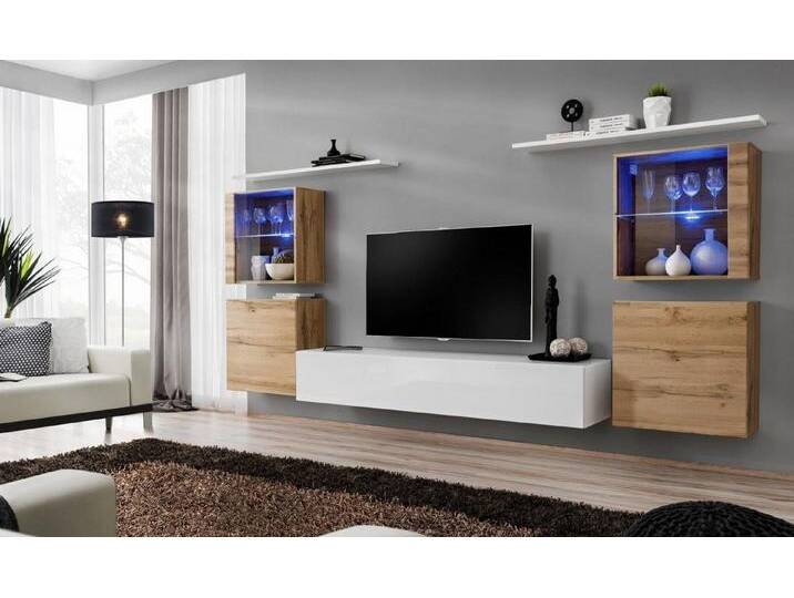 Xlmoebel Wohnwand Elegante Weiße Wohnwand Wohnzimmer Stil Gruppe Zeitgenössisch, (8-St., 1x Wohnwand + 1x TV Ständer + 4x Wandschrank + 2x Wandregale) von elegante