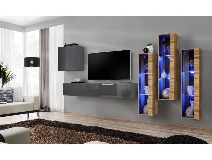 Xlmoebel Wohnwand Elegante Wohnwand Grau Hochglanz TV Möbel Designer Sideboard Wohnraum, (6-St., 1x Wohnwand + 1x TV Ständer + 4x Wandschrank) von elegante
