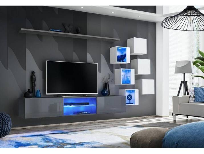 Xlmoebel Wohnwand Elegante Wohnwand Möbel Grau Regal Schrank Wandgestaltung Set, (8-St., TV Ständer + 6x Wandschrank + Wandregal) von elegante