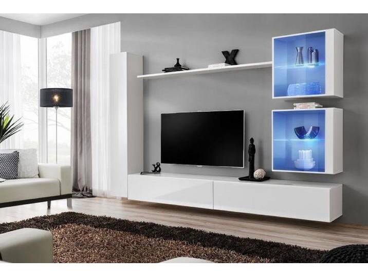 Xlmoebel Wohnwand Elegante Wohnwand Weiß Komplett Wandschrank Sideboard TV-Regal Modern, (7-St., 3x Wandschrank + 2x TV Ständer + Wandregal) von elegante