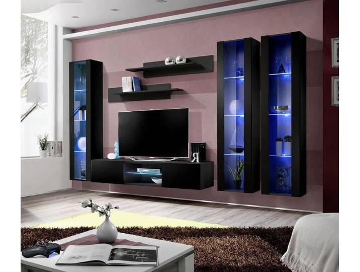 Xlmoebel Wohnwand Elegante schwarze Wohnwand hängende Vitrine Designer Wohnzimmer Holz, (7-St., 1x Wohnwand + 1x TV Ständer + 3x Hänge Vitrine + 2x Wandregal) von elegante