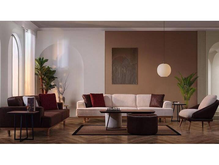 Xlmoebel Wohnzimmer-Set Elegante Braun-Weiße Wohnzimmer-Sitzgruppe mit Sofa, Sessel, (Sofa 4 Sitzer/Sofa 3 Sitzer/Sessel/Hocker/Couchtisch/2x Beistelltische) von elegante