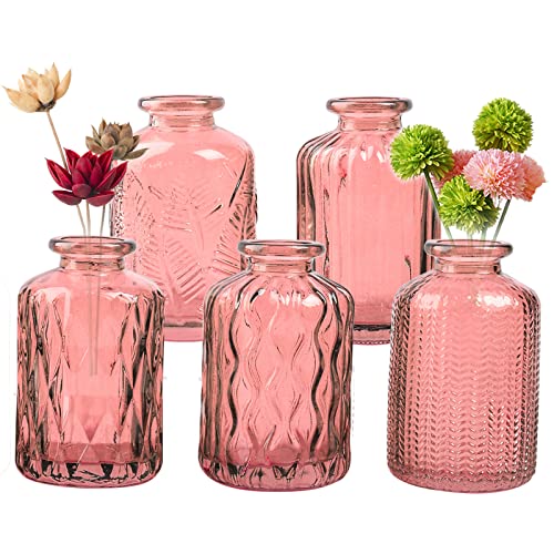 ELEGANTTIME Kleine Blumenvase aus Glas, mit Korkdrahtgriff, ideal für Deko-Cafés, Bürotisch, Haus und Garten, Rosa von eleganttime