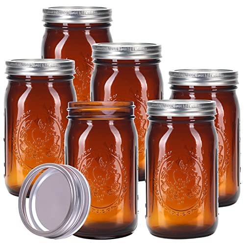 Eleganttime Bernsteinglas Einmachgläser, 900 ml, Breite Öffnung Mit Luftdichten Deckeln und Bändern, 6 Stück, Quartz-Breite Gläser für Gären, Marmelade von eleganttime