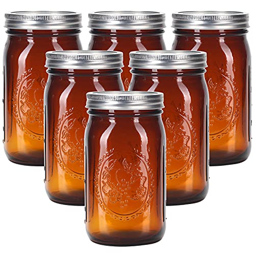 Eleganttime Braunglas-Einmachgläser, 900 ml, breite Öffnung, mit luftdichtem Deckel und Bändern, 6 Stück, große Einmachgläser mit Deckel, Quart breite Einmachgläser, Gärgläser, Marmeladengläser von eleganttime