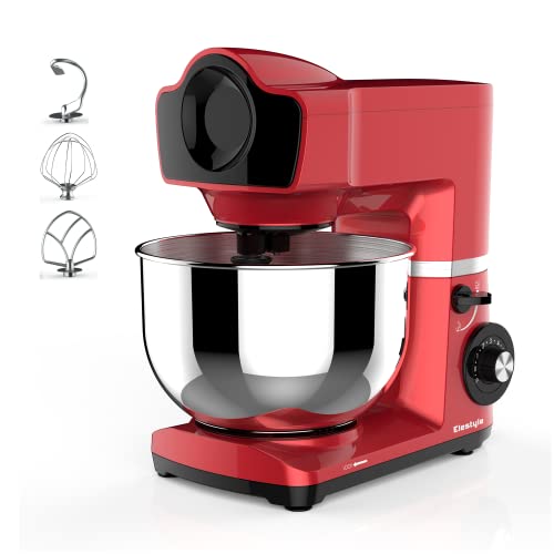 ELESTYLE Küchenmaschine Knetmaschine, 1500W, 6 Geschwindigkeiten Teigknetmaschine, Geräuscharme Rührmaschine mit 6 L Edelstahlschüssel, Edelstahl-Schneebesen,Druckguss-Rührer und Knethaken (Rot) von elestyle