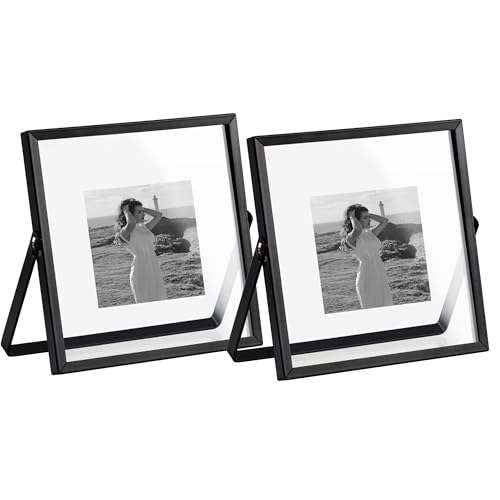 eletecpro 4x4 Metall-Bilderrahmen 2er Set mit Echtglasabdeckung, horizontales Tischdisplay Foto für mehrere Größen bis zu 10 x 10 cm, schwebender Fotorahmen für Hochzeit, Party, Heimdekoration von eletecpro