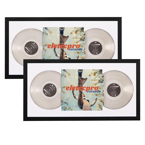 eletecpro Schallplattenrahmen, 40,6 x 81,3 cm, 2 Stück, 30,5 cm, Doppel-LP, schwarzer Vinyl-Rahmen mit 2 doppelseitigen Matten (schwarz-weiß), hält Jacke und 2 Schallplatten, großer Albumrahmen von eletecpro
