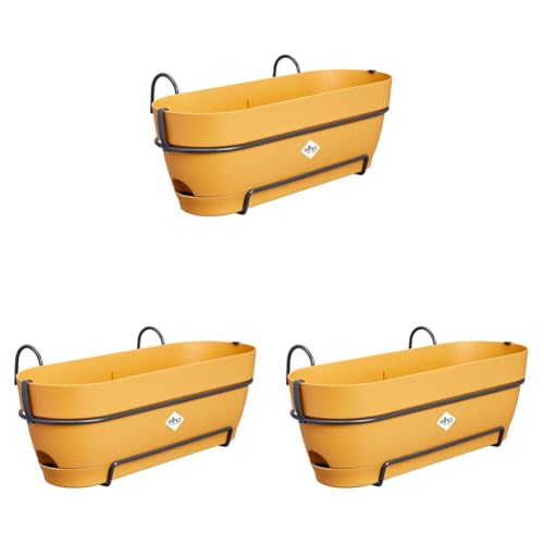 elho Vibia Campana Balkonkasten Allin1 50 mit Wasserreservoir - Blumentopf Balkongeländer - 100% recyceltem Plastik - Ø 50.4 x H 17.7 cm - Gelb/Honig Gelb (Packung mit 3) von elho