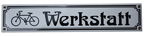 Fahrrad Werkstatt Emaille Schild 8 x 40 cm Jugendstil Emailschild weiß. von elina-email-schilder