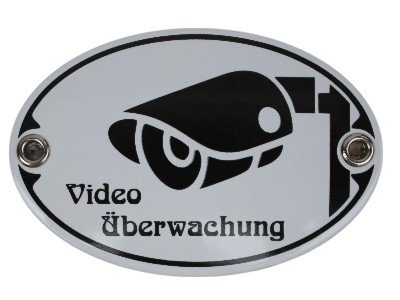Türschild Video Überwachung Emaille Schild Jugendstil 7 x 10,5 cm Emailschild oval weiß (ohne Holzrahmen) von elina-email-schilder