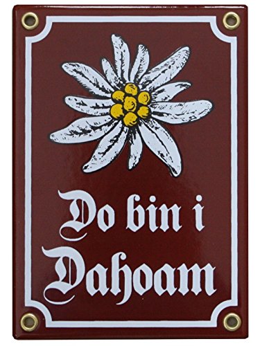 Do Bin i Dahoam Emaille Schild mit Edelweiß 12 x 17 cm Emailschild rot - braun von elina-email-schilder