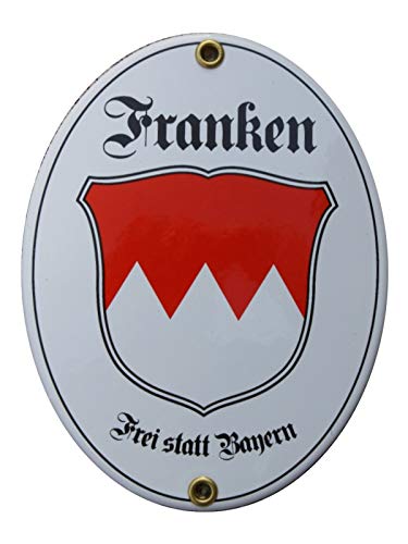 Franken frei statt Bayern Emaille Schild 11,5 x 15 cm weiß Emailschild Oval. von elina-email-schilder