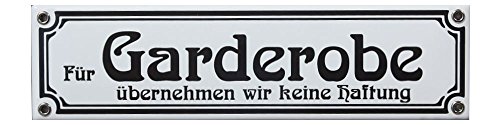 Für Garderobe übernehmen wir Keine Haftung Emaille Schild 8 x 30 cm Jugendstil Emailschild weiß. von elina-email-schilder