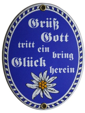 Grüß Gott tritt ein Emaille Schild blau 11,5 x 15 cm Emailschild Oval. von elina-email-schilder