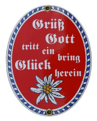 Grüß Gott tritt ein Emaille Schild rot 11,5 x 15 cm Emailschild Oval. von elina-email-schilder