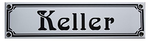 Keller Emaille Schild 8 x 30 cm Jugendstil Emailschild weiß. von elina-email-schilder