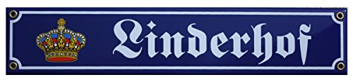 Linderhof mit Krone Emaille Schild 8 x 40 cm Schloss Emailschild blau. von elina-email-schilder