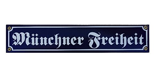 Münchner Freiheit Emaille Schild 8 x 40 cm Emailschild blau. von elina-email-schilder