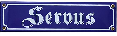 Servus Emaille Schild 8 x 30 cm Emailschild blau. von elina-email-schilder