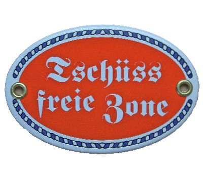 Türschild Tschüss freie Zone mit Kordelrahmen Emaille Schild 7 x 10,5 cm Email rot (ohne Holzrahmen) von elina-email-schilder