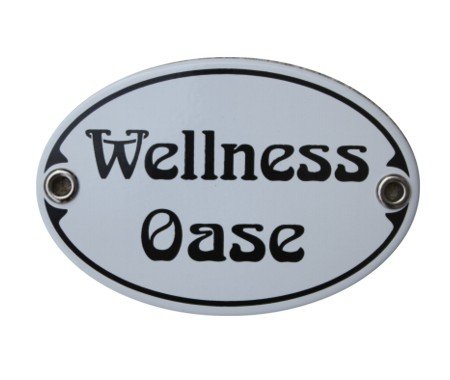 Türschild Wellness Oase Emaille Schild Jugendstil 7 x 10,5 cm Emailschild weiß (ohne Holzrahmen) von elina-email-schilder