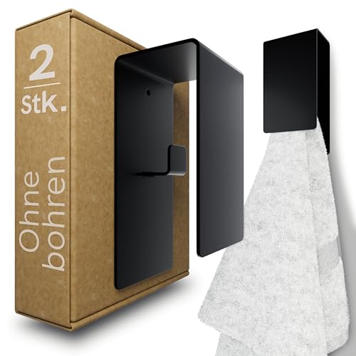elua home® Handtuchhalter Ohne Bohren (2er Set) | Handtuchhalter Schwarz | Klebe Haken Wand für Bad, WC, Küche | Handtuchhaken aus Edelstahl + starkem Kleber | Zeitloses Design von elua home