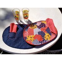 Hippie Boho Calico Patchwork Vintage Hillbilly 1960Er 1970Er Jahre Platzset Servietten 4 Stk Set 60Er 70Er Polka Dot Denim Blau Jean Weiß Trash von elliemayhems
